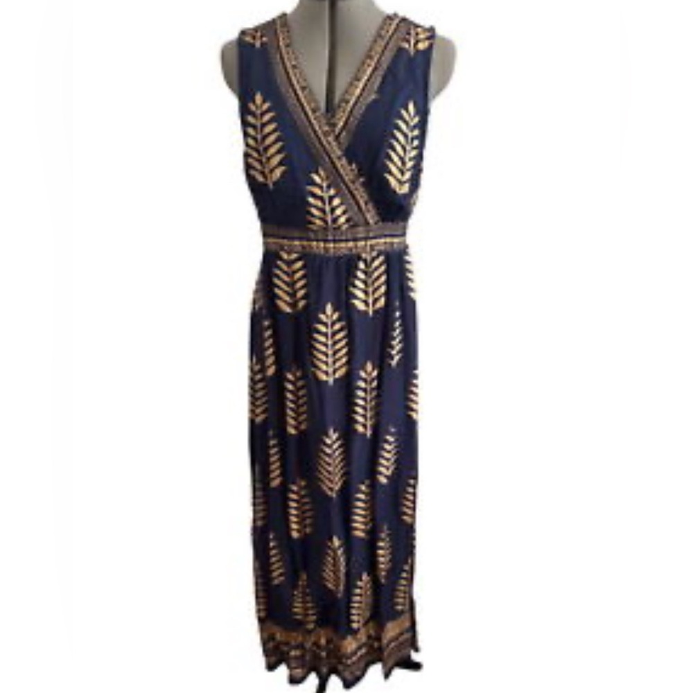 Embellished Blue and Gold V-Neck Maxi Dress